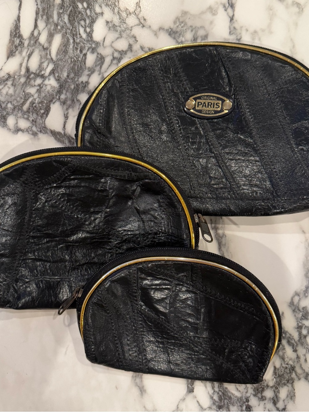 Vintage Original Paris Design Nesting Cosmetic Pouch Set 3pc Black Gold Trim